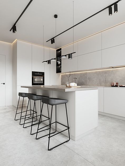 white №3 on Behance Loft Kitchen, Minimalist Kitchen Design, White Interior Design, Kitchen Interior Design Decor, House Design Kitchen, Minimalist Interior Design, White Modern Kitchen, Kitchen Room Design, Kitchen Inspiration Design