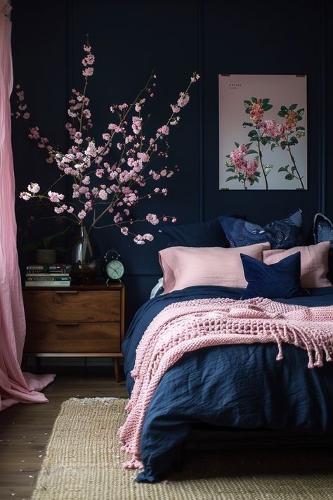 Dark Blue And Blush Bedroom, Rose Pink And Black Bedroom, Bedroom Ideas Colour Scheme, Black And Dusty Rose Bedroom, Feminine Navy Bedroom, Black Floral Bedroom, Pink Art Deco Bedroom, Dark Blue And Pink Bedroom, Adult Room Ideas Bedrooms