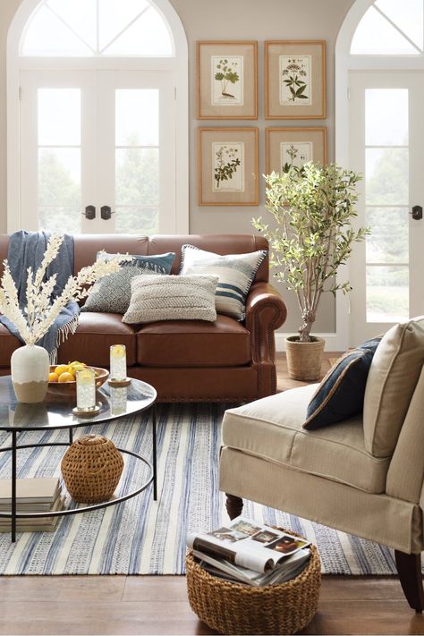 Traditional Living Room Design Photo by Birch Lane Brown Leather Couch Living Room, Leather Couches Living Room, Couches Living, Brown Leather Couch, Latest Sofa Designs, Leather Sofa Living Room, Fabric Furniture, Brown Leather Sofa, Leather Couch