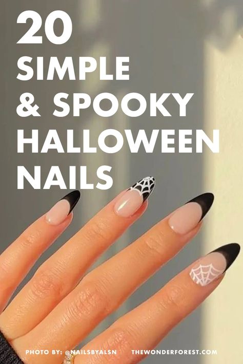 Witch Nails Designs Simple, Almond Shape Halloween Nails Simple, Halloween Nails On Real Nails, Cute Easy Diy Halloween Nails, Simple Halloween Nails Solid Color, Spooky Classy Nails, Black N White Halloween Nails, Simple Acrylic Halloween Nails, Black Short Nails Halloween