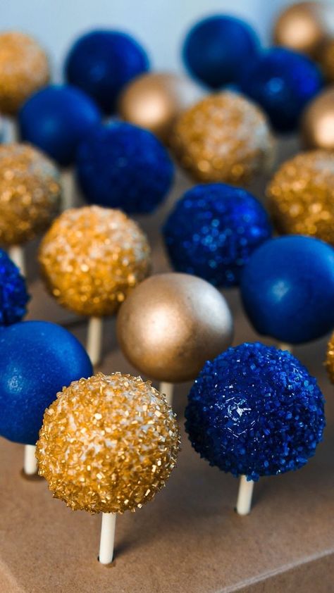 Blue And Gold Bday Decor, Blue And Gold Candy Buffet, Navy Blue White And Gold Birthday Party, Royal Blue And Gold Treat Table, Royal Blue And Gold Cake Pops, Royal Blue And Gold Strawberries, Royal Blue Dessert Table Ideas, Navy And Gold Cake Pops, Royal Blue And Gold Party Theme