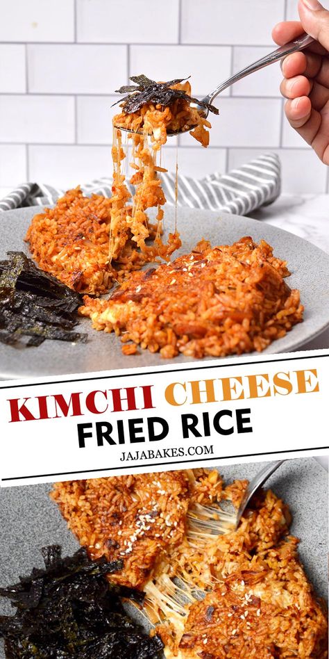 This delicious Kimchi Cheese Fried Rice brings a simple kimchi fried rice to the next level with crispy scorch rice on the outside and stretchy melted cheese inside. Rice Squares Fried, Things To Make With Kimchi, Fried Kimchi Rice, Kim Chi Fried Rice, Kimchi Fried Rice With Chicken, Rice And Kimchi, Cheesy Kimchi Fried Rice, Healthy Kimchi Fried Rice, Cheese Kimchi Fried Rice