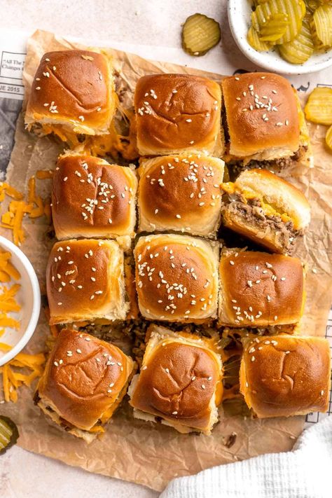 Easy Cheeseburger Sliders have the classic flavor of your favorite burgers in bite-size form without the fuss of forming or grilling a single burger patty! | aheadofthyme.com Easy Cheeseburger Sliders, Race Car Theme Party, Car Theme Party, Homemade Tater Tots, Hamburger Sliders, Fried Mac And Cheese, Sandwhich Recipes, Burger Patty, Cheeseburger Sliders