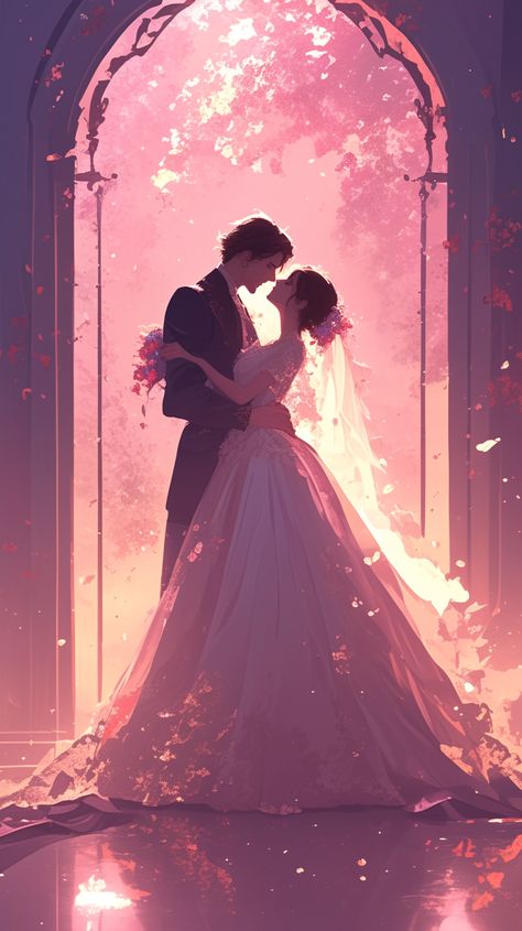 A fantasy romance art capturing a poignant moment of passion, featuring an enamored bride and groom sharing a tender wedding kiss, symbolizing eternal love and devotion. Wedding Drawing Ideas, Cute Fantasy Couple Art, Fantasy Couples Art, Black Wallpaper Bathroom, For Ipad Wallpapers, Wedding Fanart, Bride And Groom Art, Wedding Anime, Romance Arte