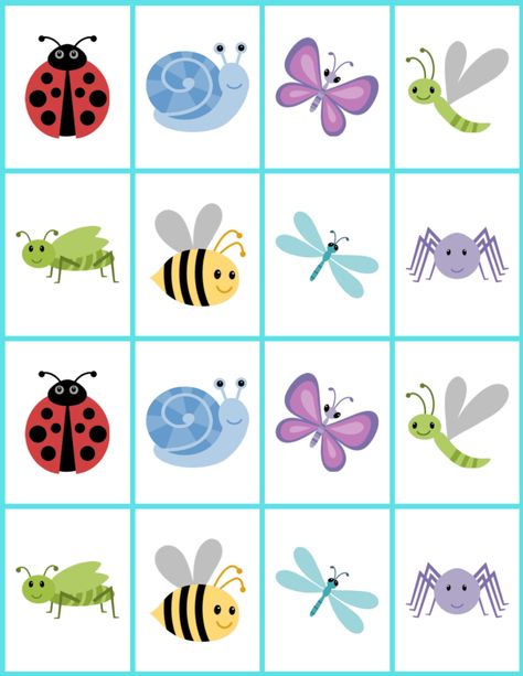 Cute color bugs for a memory matching game. Insect Memory Game Printable, Bug Matching Game Free Printable, Insect Matching Free Printable, Memory Games For Adults, Matching Games For Kids, Printable Matching Game, Matching Games For Toddlers, Memory Card Game, Printable Games For Kids