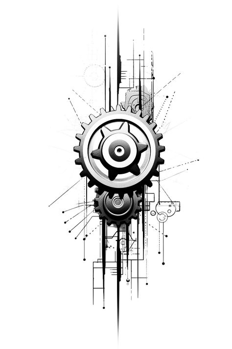 Big Round Gear Tattoo Design With Lines #geartattoo #mechanicaltattoo #handyman #gearstar Mechanical Gears Drawing, Gear Tattoo Mechanical, Time Machine Tattoo, Bio Mechanical Tattoo Design, Gear Tattoo Design, Gears Tattoo, Mechanical Tattoo, Design With Lines, Biomech Tattoo