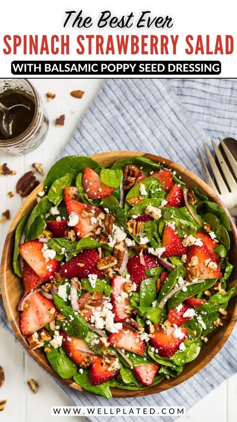 The best ever Spinach Strawberry Salad with Balsamic Poppyseed Dressing, pecans, and feta or goat cheese. This beautiful, healthy salad is always a hit and perfect for parties. Keep it vegetarian or add chicken to make it a main event! #wellplated #salad #healthy #vegetarian Strawberry Poppyseed Salad, Strawberry Feta Salad, Simple Spinach Salad, Strawberry Chicken Salad, Spinach Salad With Chicken, Salads For A Crowd, Feta Cheese Salad, Poppyseed Dressing, Spinach Salad Recipes