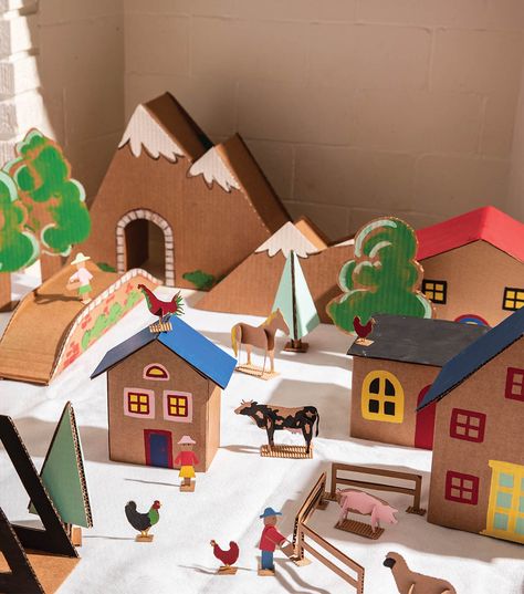 Cardboard Town, Cardboard Houses For Kids, Cardboard Village, Easter Village, Cardboard City, Diy Cardboard Toys, Cardboard Toys, Cardboard Box Crafts, Montessori Toddler Activities