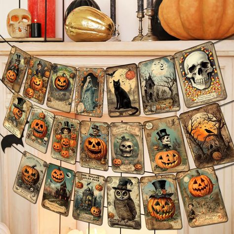 PRICES MAY VARY. 🎃 EXQUISITE COMBINATION: You will get 1pc vintage Halloween banner with 20 cards ( 7.68’’ x 5.5") in different vintage designs, such a rich and exquisite combination can easily meet all your Halloween decoration needs, let’s decorate your Halloween party with your family and friends. 🎃VINTAGE DESIGN: Our Halloween pumpkin banners are in retro design with classic Halloween elements such as pumpkins, cats and skeletons, slightly scary colours of castles and darkness, creating a Halloween Girlande, Office Party Decorations, Pumpkin Garland, Halloween Retro, Halloween Garland, Bunting Flag, Zucca Halloween, Vintage Halloween Decorations, Hanging Garland