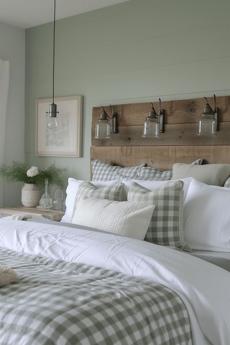 57+ Sage Green Bedroom Ideas That Feel Serene Sage Green Bedrooms, Baby Blue Bedrooms, Girls Bedroom Green, Gingham Bedding, Sage Green Bedroom Ideas, Barnwood Headboard, Light Green Bedrooms, Green And White Bedroom, Sage Bedroom