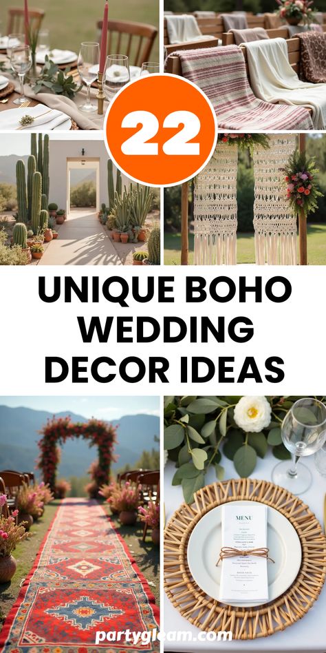 22 unique boho wedding decor ideas you'll love! From plush bohemian rugs as aisle runners to beautifully minimalist desert-themed decorations, we've got it all. Make your wedding special with charming elements like macrame ceremony altar designs, elegant rattan place settings, and cozy blanket accents for the ceremony. Each idea brings a distinct smell of boho charm to your big day. Elevate your wedding vibe and create unforgettable memories with these inspiring ideas that blend elegance and laid-back style perfectly! Small Boho Table, Boho Wedding Ceremony Arch, Boho Wedding Table Decorations, Boho Wedding Table Setting, Boho Wedding Decor Ideas, Backyard Boho Wedding, Minimalist Boho Wedding, Desert Wedding Ideas, Sunflower Wedding Centerpieces