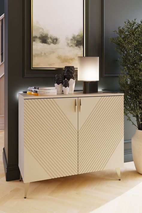 Introducing the AVA two-door sideboard - glamorous, contemporary and has SMART features. Its refined painted finish, paired with muted gold brushed shard handles and feet, bring boutique sophistication. Inside, discover versatile storage for tableware, linens, or a chic drinks cabinet with ample space for wine, spirits, and glassware. Frank Olsen's signature (and scratch-resistant) midnight purple interior embodies enduring style. Seamlessly integrating SMART technology, control the LED lights t Sideboard Ideas, Design Closet, Room Revamp, Midnight Purple, Purple Interior, Antique Sideboard, Wardrobe Furniture, Mood Lighting, Accent Arm Chairs