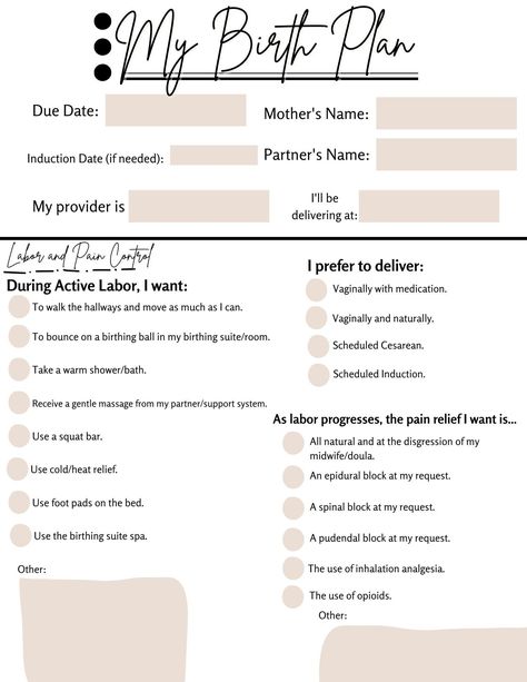 "This instant, downloadable, and printable Birth Plan is the perfect resource for sharing your desired labor and delivery plans. If you would like wording or the color scheme changed in any way, please message me. - HOW TO PRINT * 1. Log into your Etsy account and purchase \"download.\" * 2. Click the \"You\" tab. * 3. Scroll and click \"Purchases and reviews\". * 4. Find your purchase and click \"Download Files\". * 5. Click \"Download\". - REFUNDS * Due to the fact that this is a digital downl Labor Plan, Simple Birth Plan, Delivery Plan, Natural Birthing Plan, Birth Plan Template, Montessori Parenting, Planning Pregnancy, Newborn Mom, Baby Checklist