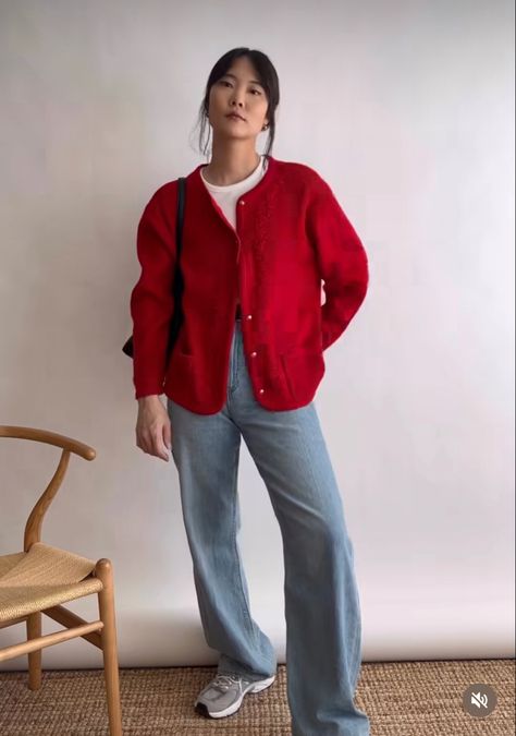 Red Fleece Jacket Outfit, Red And Blue Outfit Aesthetic, Red Cardigan Outfit Winter, Red Cardigan Outfit Aesthetic, Red Sweater Outfit Aesthetic, Pop Of Red Outfit, Bright Red Outfit, Red Cardigan Outfit, Cardigan Outfit Aesthetic