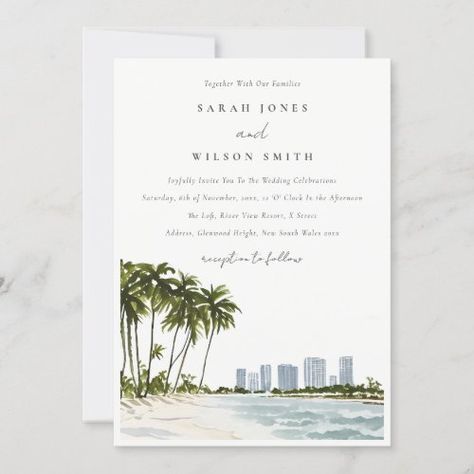 $2.95 | Miami Florida Watercolor Palm Landscape Wedding - palm beach, miami florida, destination wedding, watercolor seascape, coastal nautical, sand sea water summer, city skyline high rise buildings, modern elegant, simple minimal, romantic whimsical Cancun Mexico Beaches, Florida Watercolor, Beach Bridal Shower Invitations, Florida Palm Trees, Miami Skyline, Beach Bridal Showers, Beach Weekend, Palm Trees Beach, Wedding Anniversary Invitations