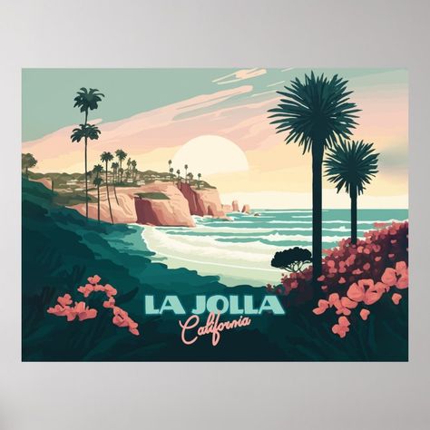 La Jolla Cove San Diego California Retro Poster  Zazzle San Diego Illustration Art, San Diego Vintage Poster, San Diego Inspired Tattoo, San Diego Painting, Coronado Island San Diego, Travel Signs, Retro Postcard, Poster Advertisement, California Retro