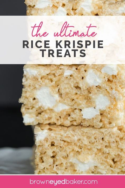 The BEST Rice Krispie Treats! This recipe turns out huge, perfectly soft and gooey rice krispie treats with extra non-melted marshmallows mixed in! #ricekrispietreats #snacks via @browneyedbaker Vegan Rice Krispie Treats, Krispie Treats Recipe, Rice Krispies Treats, Krispy Treats, Krispies Treats, Gimme Some Oven, Rice Krispy, Butter Rice, Rice Crispy Treats