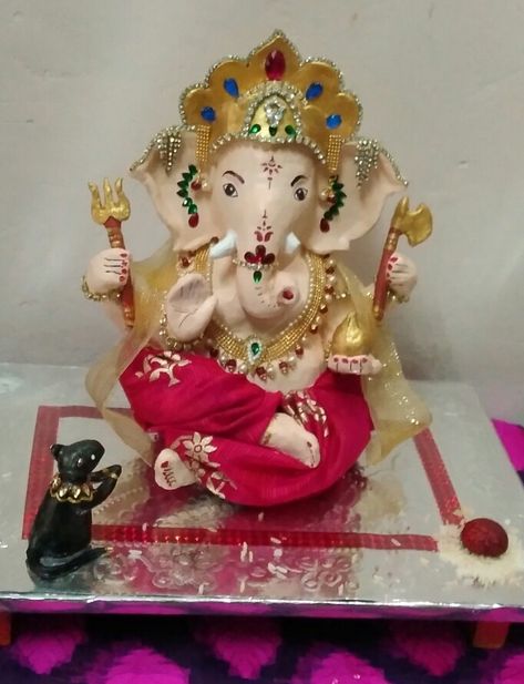 Ganpati Idol At Home, Home Made Clay, Ganpati Idol, Ganesh Decoration, Wooden Temple For Home, Clay Ganesha, Ganapati Decoration, Ganesha Idol, Ganpati Ji