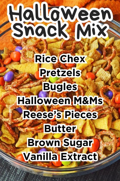 Halloween Snack Mix Recipe here:... - Crayons & Cravings Fall Snack Mix Recipes, Fall Chex Mix Recipes, Halloween Chex Mix Recipes, Fall Snack Mixes, Snack Mix Recipe, Halloween Snack Mix, Chex Mix Recipe, Reese's Pieces, Trail Mix Recipes