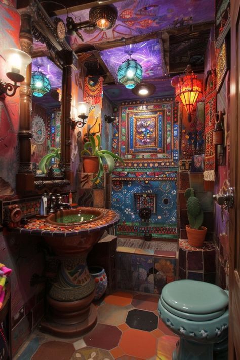 Mexican Restroom Ideas, Colourful Boho Bathroom, Mexican Restroom, Boho Themed Bathroom, Themed Bathroom Ideas, Witch Cafe, Whimsy Witch, Boho Style Bathroom, Quirky Furniture