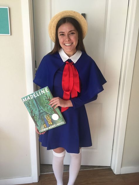 Madeline Halloween costume DIY Madeline Character Costume, Olivia Book Character Costume, Madeline Book Character Costume, Madeline Costume Women, Diy Madeline Costume, Book Worm Halloween Costume, Madeline Halloween Costume, Nostalgia Halloween Costumes, Camp Halloween Costume