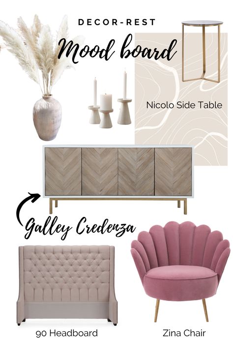 Beautiful pink and gold bedroom decor idea with a modern yet delicate touch, fun seating, and glamorous decor pieces! colourful room, pink decor idea, pink and gold, bedroom ideas, modern bedroom, fabric chair, accent chair, wood credenza, fabric headboard, pink chair #pinkandgold #pinkdecor #golddecor #bedroomidea #pinkartwork #funkychair #nudetone #pastel #pastelcolor Pink And Gold Bedroom Decor, Pink And Gold Bedroom Ideas, Pink And Gold Bedroom, Colourful Room, Gold Bedroom Ideas, Fun Seating, Gold Bedroom Decor, Pink Artwork, Glamorous Decor