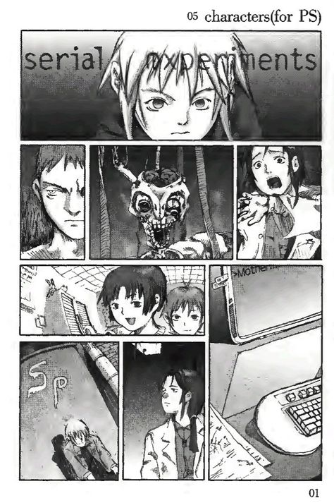 from Serial Experiments Lain: Omnipresence in Wired Artbook Serial Experiments Lain Manga Panels, Lain Manga Panels, Lain Manga, Yoshitoshi Abe, Experiment Lain, Lain Iwakura, Serial Experiments Lain, Manga Panels, Present Day