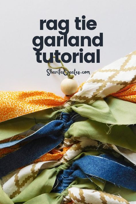 Rag Ribbon Garland, Thanksgiving Fabric Garland, Diy Fabric Garland How To Make, Rag Banner Diy How To Make, How To Make A Rag Garland, Fabric Rag Garland, Rag Strip Crafts, Fall Ribbon Garland Diy, How To Make A Fabric Garland