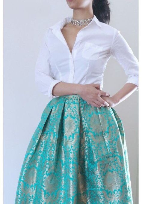 A personal favourite from my Etsy shop https://www.etsy.com/in-en/listing/677514852/brocade-skirt-and-silk-shirt-blouse Brocade Skirt, Silk Shirt, White Shirt, A Woman, Silk, Skirt, Gold, On Instagram, Blue