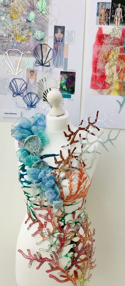 E Textiles Projects Ideas, Non Textile Garments Ideas, Ocean Themed Textiles, Coral Fashion Design, Under The Sea Textiles Gcse, Water Textiles Sketchbook, Textiles Sketchbook Ideas, Jellyfish Textiles, Biomimicry Fashion