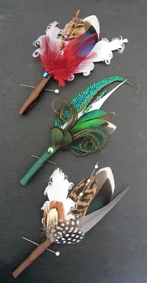 "Beautiful Hand Made Boutonniere called \"Zoe\" (designed to match my popular Ladies \"Zoe\" Fascinator - pictured with the Boutonniere in 3rd and 4th pictures) . Please select the number you require. Price is per Boutonniere. Features Pheasant, Mallard Feathers, Grey and Silver Goose and Burgundy Hen, with a single Swarovski Crystal Clear Wired Spray, and single faceted blue Bead at centre. Stem wrapped in Chocolate Brown Petersham Ribbon. Made to order in 3 working days. Third and fourth pictu Fishing Boutonniere, Woodland Wedding Theme, Handmade Boutonniere, Bushveld Wedding, Boutonniere Ideas, Feather Arrangements, Bridal Fan, Scottish Weddings, Royal Blue Fascinator