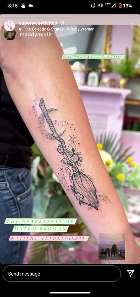 Pretty Witch Tattoo Ideas, Broom And Moon Tattoo, Broomstick Tattoo Design, Salem Massachusetts Tattoo Ideas, Witch Broomstick Tattoo, Witch Sister Tattoos, Witches Broom Drawing, Witch Broom Drawing, Green Witch Tattoo