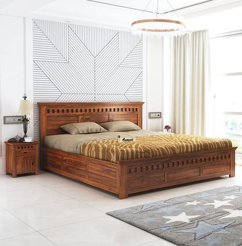 GANPATI ARTS Sheesham Wood Armania King Size Bed with Box Storage for Bedroom Living Room Wooden Double Bed Palang (Natural Finish) Size:King Size Wooden King Size Bed, Wooden Living Room Furniture, Wooden Double Bed, Storage For Bedroom, Double Bed Designs, Wooden Bedroom Furniture, Wooden Living Room, Bed Dimensions, Solid Wood Bed