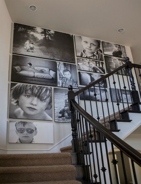 Gallery Wall Ideas Canvas, Canvas Family Pictures Wall, Photo Displays Wall, Canvas Wall Gallery, Stairway Canvas Gallery Wall, Black And White Canvas Picture Wall, Photo Wall Collage Canvas, Family Photo Canvas Wall, Canvas Wall Ideas Photo Displays