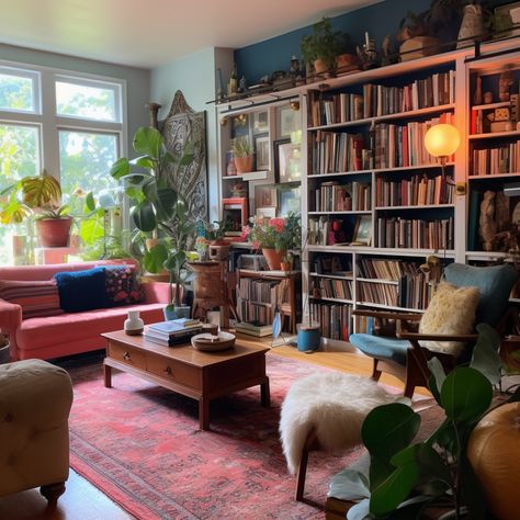 Cluttered Interior Design, Colourful Maximalist Interior, Colorful Library, Library Vibes, Minimalism Room, Maximalist Interior Design, Uk House, Lounge Interiors, Maximalist Interior