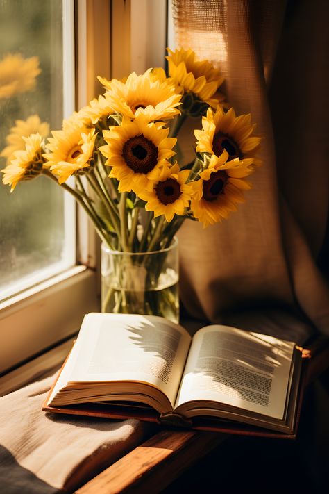 A book with sunflowers placed next to a window, exuding a soft and dreamy ambiance in the snapshot aesthetic. Books And Sunflowers Aesthetic, Sunny Book Aesthetic, Nature And Books Aesthetic, Books Nature Aesthetic, Books And Flowers Photography, Soft Book Aesthetic, Spring Book Aesthetic, Warm Aesthetic Brown, Cozy Nature Aesthetic