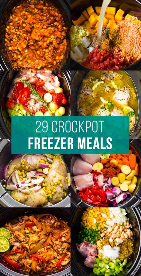 composite image of crockpot freezer meals Budget Crockpot Freezer Meals, Freezable Crockpot Meals, Frozen Prep Crockpot Meals, Crockpot Frozen Recipes, Freezer Meals Crockpot Healthy, Dump Meals Recipes Crockpot Healthy, Prepared Frozen Crockpot Meals, Crockpot Recipes Freezer Dump Dinners, Freezer Meal Crockpot Recipes