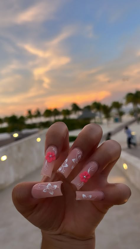 IG: coralmichelle_ Long Nails Vacation, Vacation Nails Medium Length, Square Acrylic Nails Vacation, Vacation Nails With Gems, Vacation Tropical Nails, Cute Spring Break Nails Simple, Vacay Nails Black Women, Cancun Nails Ideas, Vacation Nail Set