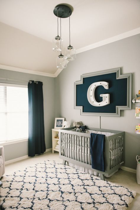 Modern Grey, Navy and White Nursery - Project Nursery Basketball Nursery, Navy Curtains, Nursery Wall Decor Boy, Adorable Nursery, Baby Boy Room Decor, Baby Boy Room Nursery, Nursery Room Boy, White Nursery, Baby Boy Nursery