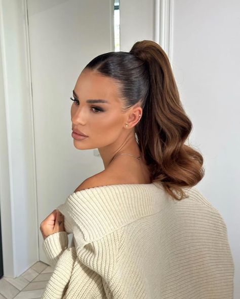 50 Adorable Medium Length Ponytail Hairstyles To Try Medium Length Slick Back Ponytail, Updos For Medium Length Hair Ponytail, Glam High Ponytail Hairstyles, High Hairstyles For Short Hair, Wedding Hairstyles Updo Ponytail, Evening Ponytail Hairstyles, Bridal Hairstyle Ponytail, High Bridal Ponytail, Simple Hair For Wedding