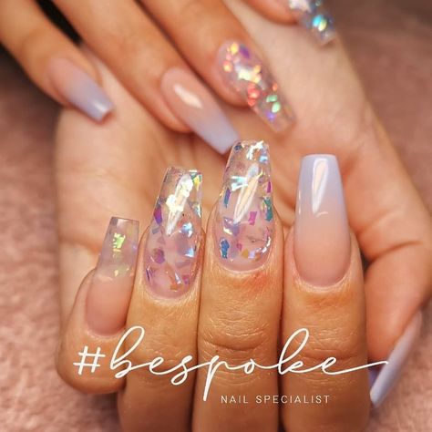 Pastel purple fade with shattered glass nails effect. Clear Nail Extension Designs, Iridescent Fall Nails, Iridescent Nail Art Designs, Glass Looking Nails, Iridescent Flake Nails, Clear Glass Nails, Clear Glass Nail Designs, Glass Nails Acrylic, Glass Nails Acrylic Clear