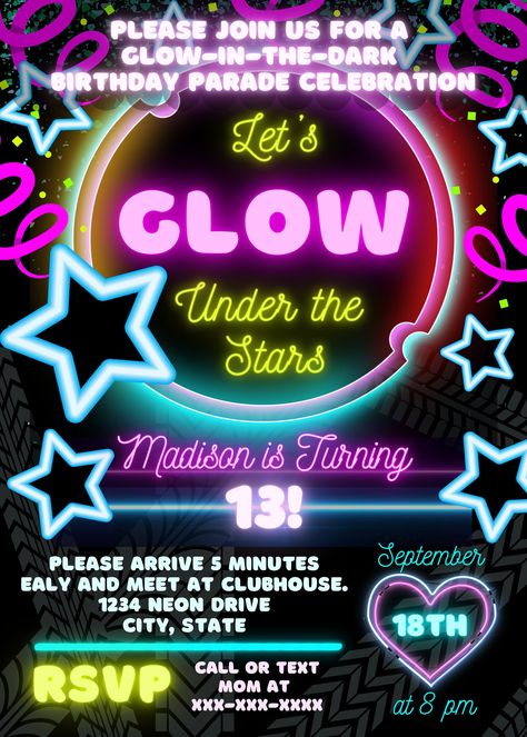 Galaxy Invitations, Birthday Party Neon, Thank You Card Wording, Galaxy Party, Glow In The Dark Party, Girls Party Invitations, Party Neon, Neon Birthday, Dark Party