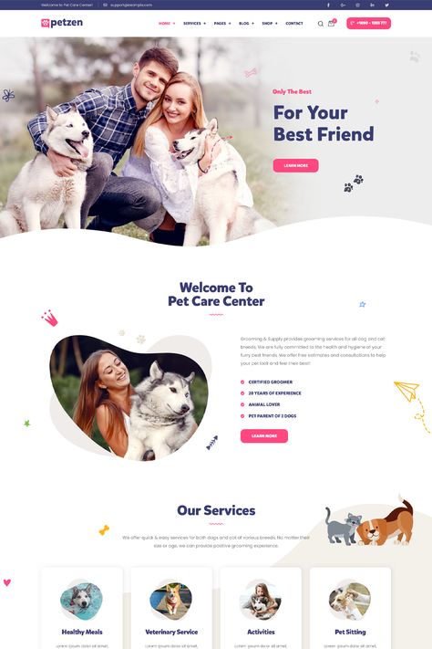 Petzen is a WordPress theme specifically designed for pet care centers, animal shelters, veterinary clinics, and other businesses related to pets and animals. This theme is equipped with various features and elements to help you create a professional and user-friendly website for your pet care services. Animal Shelter Website Design, Animal Adoption Website Design, Pet Care Website Design, Pet Website Design, Pet Websites, Dog Daycare Business, Dog Website, Figma Website, Pet Event