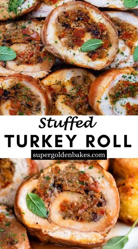 Rolled Turkey Roast, Boujee Thanksgiving, Turkey Roll Recipes, Turkey Roll Ups With Stuffing, Turkey Roulade Stuffed, Stuffed Turkey Roll, Turkey Breast Roulade, Cooking A Stuffed Turkey, Rolled Turkey