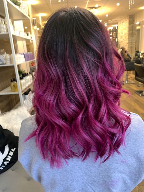 Dark Brown With Pink Hair, Dark Brown Hair With Magenta Balayage, Pink With Dark Roots, Dark Root Colored Hair, Brunette And Pink Balayage, Brown To Magenta Ombre Hair, Colorful Hair With Dark Roots, Pink Balayage On Dark Hair, Pink Balayage Brown Hair