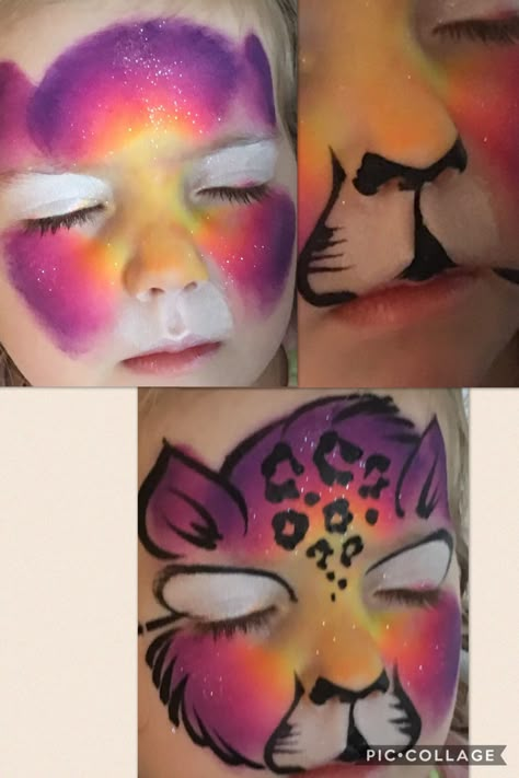 Cat face paint tutorial By Kristy Clewis Rainbow Leopard Face Paint, Rainbow Cat Face Paint, Rainbow Cheetah Face Paint, Face Paint Cat, Face Paint Step By Step, Leopard Face Paint, Cat Face Painting, Cat Face Paint, Rainbow Face Paint