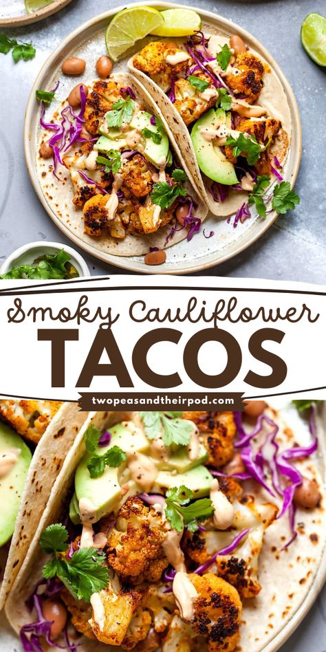 These Smoky Cauliflower Tacos are a great addition to your Cinco de Mayo dinner menu! These vegetarian tacos are full of flavor and a great way to mix up taco night! Pin this easy Cinco de Mayo recipe! Salmon Tacos Recipe, Roasted Cauliflower Tacos, Chickpea Tacos, Meatless Mains, Salmon Tacos, Cauliflower Tacos, Vegetarian Tacos, Chipotle Sauce, Dinner At Home