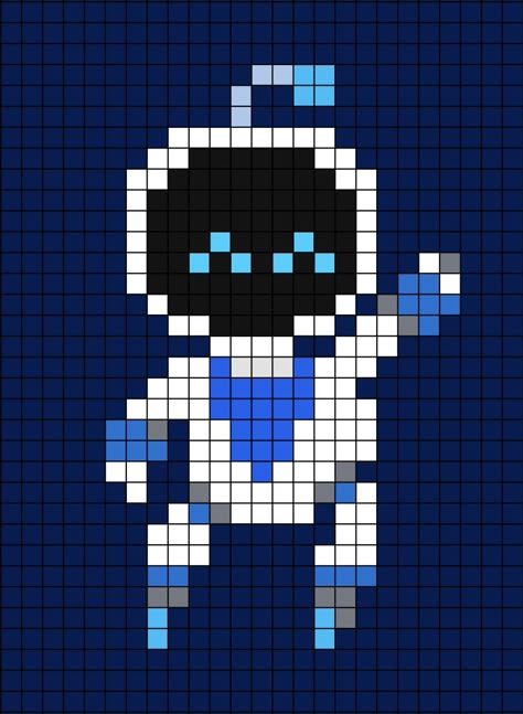 A pixel art template of Astro Bot the PlayStation mascot waving its hand. Astro Playroom, Playstation Pixel Art, Space Perler Bead Patterns, Astronaut Pixel Art, Playstation Cross Stitch, Astro Bot Ps5, Melting Beads Game Boy, Astro Bot, 8 Bit Astronaut