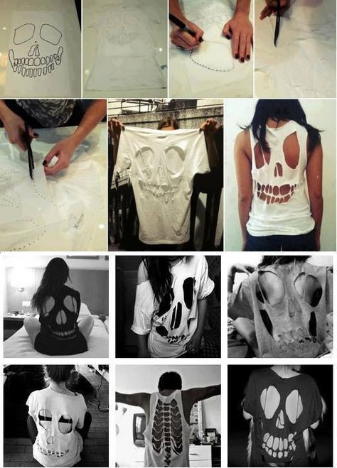 Cut Tshirt Diy, Cut Shirt Designs, Diy Cut Shirts, Diy Skulls, Shirt Makeover, Cutout Shirts, Cut Up Shirts, Easy Diy Clothes, Diy Kostüm