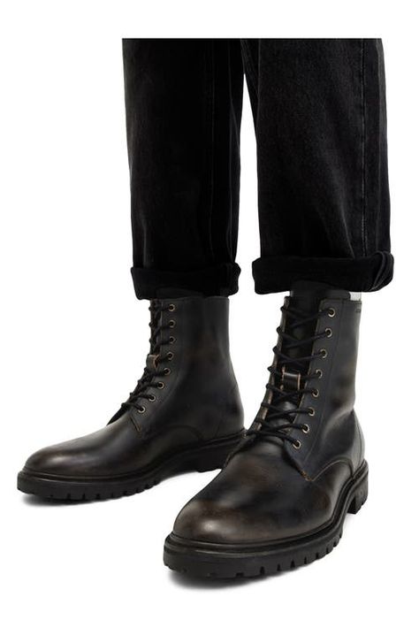 "Find ALL SAINTS Tobias Plain Toe Boot on Editorialist. A rugged lug sole grounds this plain-toe boot built from premium leather in a clean, minimalist silhouette. 6 1/2\" shaft Lace-up style Leather upper and lining/rubber sole Made in Portugal" Cuban Boots Men, Mens Chunky Shoes, Mens Combat Boots, Male Boots, Best Boots For Men, Black Boots Men, Combat Boots Men, Moc Toe Boots, Minimalist Silhouette